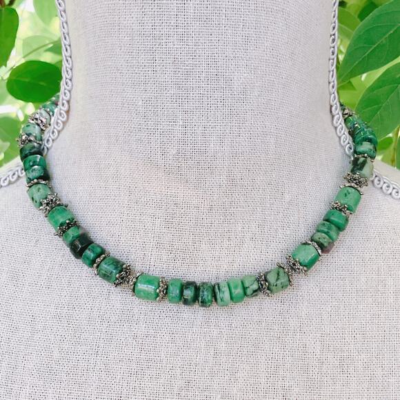 Genuine Ruby in Zoisite Green Gemstone Bead Necklace Silver Tone Artisan Choker - Picture 2 of 12